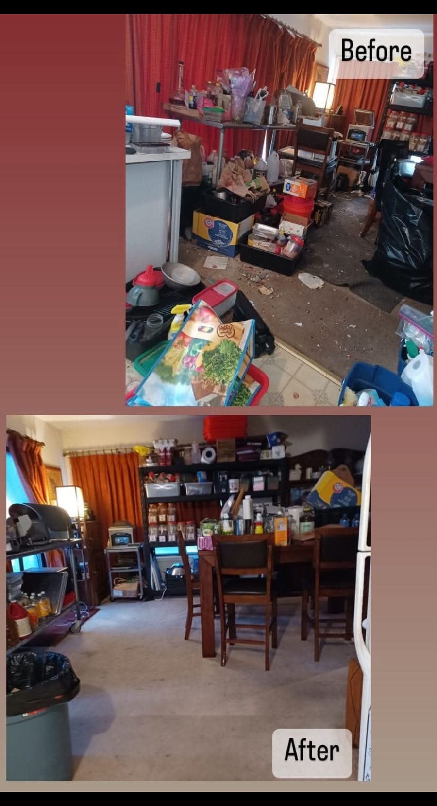 Antes y después — cocina y comedor ordenados y limpios